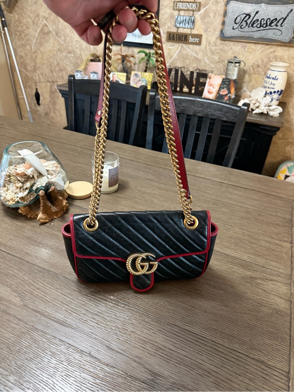 Gucci Black Leather GG Marmont Small Shoulder/Crossbody Bag/Red Trim-COA incl.